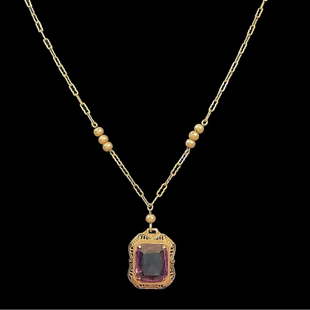 Vintage Gold Filled Art Deco Filigree Purple Glass Necklace 26.25”